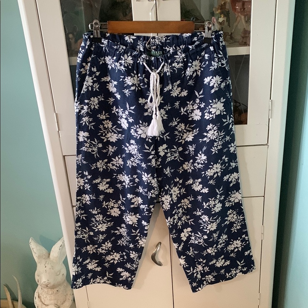 Lauren Ralph Lauren sz PS Floral Print Navy Linen Blend Capris euc